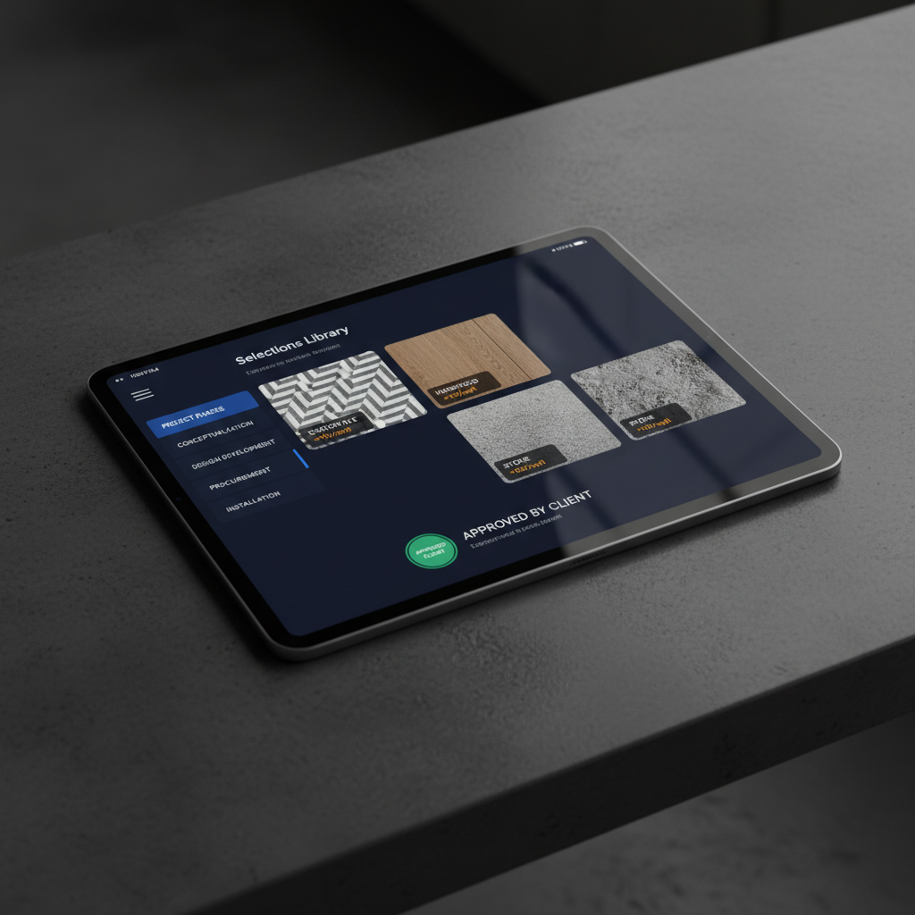 GrandStead Studio selections library showing material swatches, cost impact tags, and client approval status